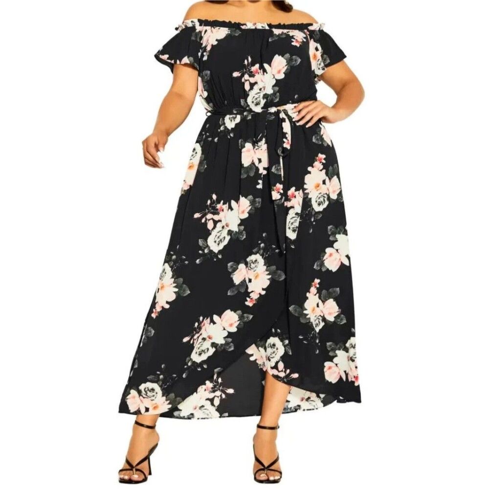 City Chic Lotus Tie Black Floral Off Shoulder Maxi Dress Plus Size 20 NWT